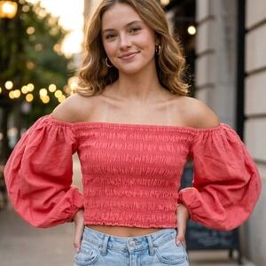 Young Fabulous & Broke Yacht‎ Top Womens S Orange Off Shoulder Linen Boho Summer